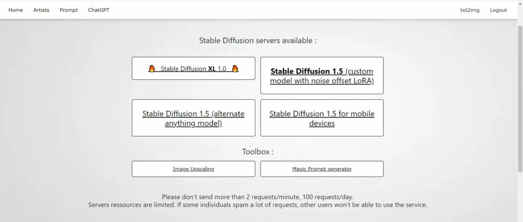 Interface van Stabledifusion AI tool